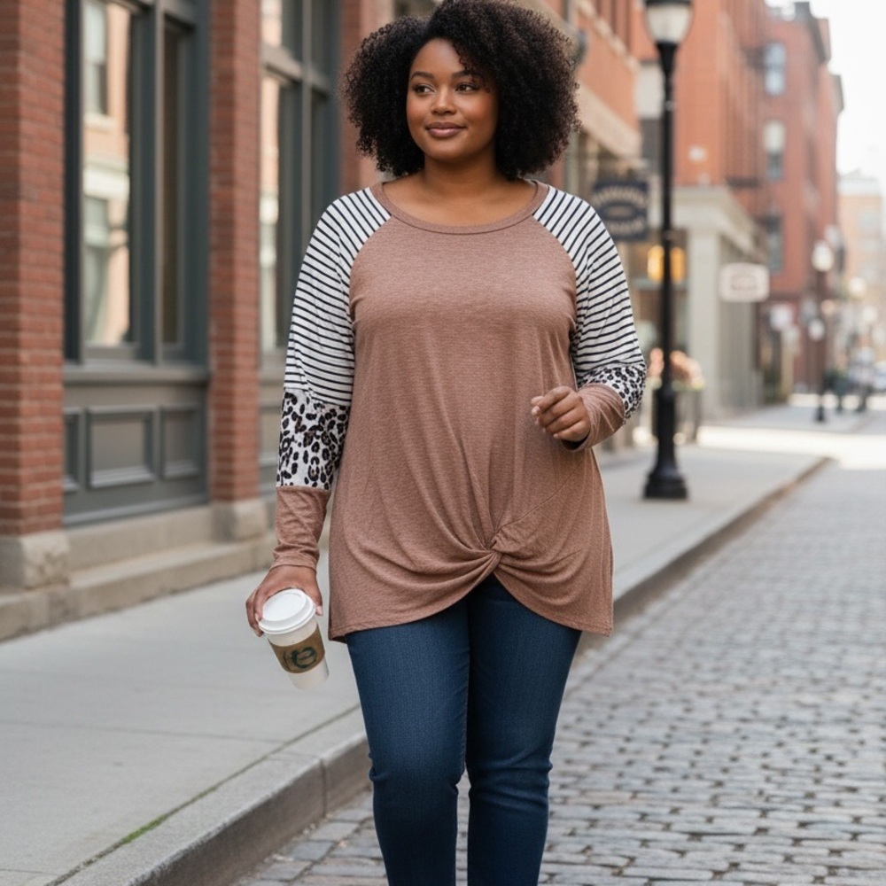 Rosriss Leopard Print Striped Colorblock Tuic Top